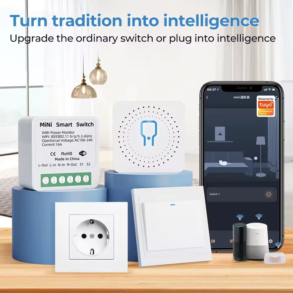 Tuya 16A Mini WiFi Smart Switch Module — 1/2 Gang Wireless Relay, 220V, Works with Alexa & Google Home